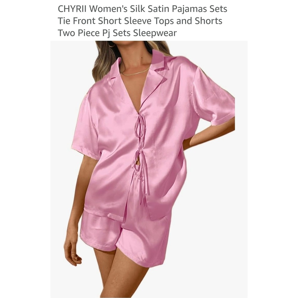 CHYRII Womens Pink Silk Satin Pajamas Set Tie Front Top and Shorts XL New